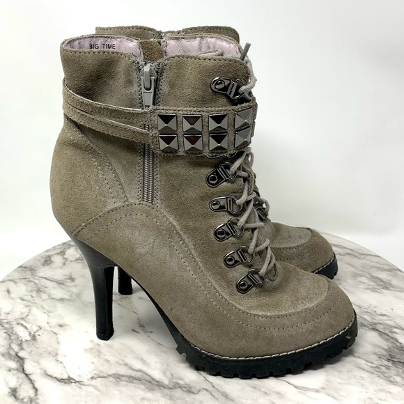 Envy Big Time Taupe Suede Lace Up utility platform booties 7 sporty casual chic - Picture 2 of 15